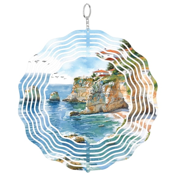 Portugal Coast Landscape 3D Wind Spinner Metal Kinetic Art Travel Mediterranean Decor Gift