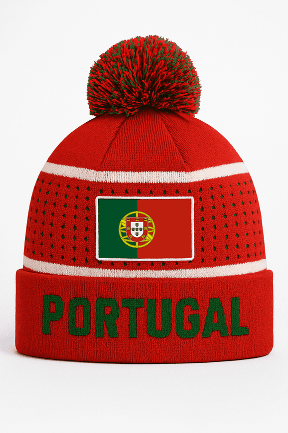 Portugal Soccer Pom Beanie, 100% Acrylic, Red/Green