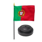 Portugal Desk Flag with Base; American Made Rayon 4x6 inch Miniature Table Set Includes One Small Mini Country Stick Flags and One Black Stand Portugal Desk Flag and Base