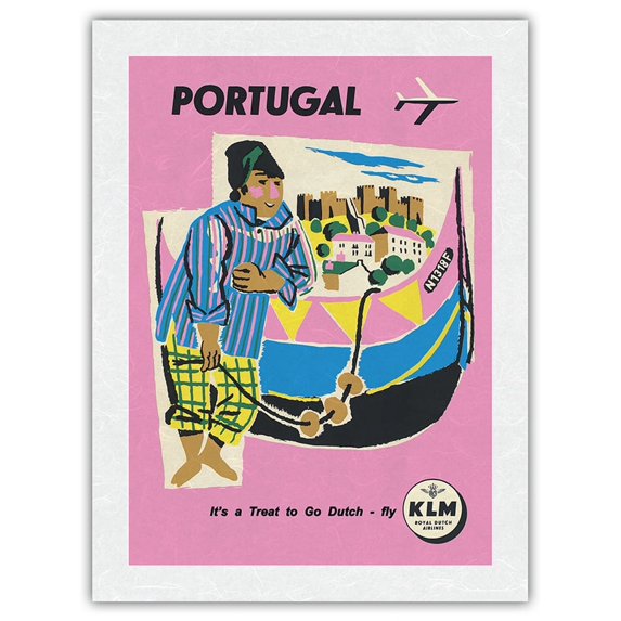 Portugal - Portuguese Fisherman - KLM Royal Dutch Airlines - Vintage Airline Travel Poster c.1959 - Japanese Unryu Rice Paper Art Print 24 x 32 in