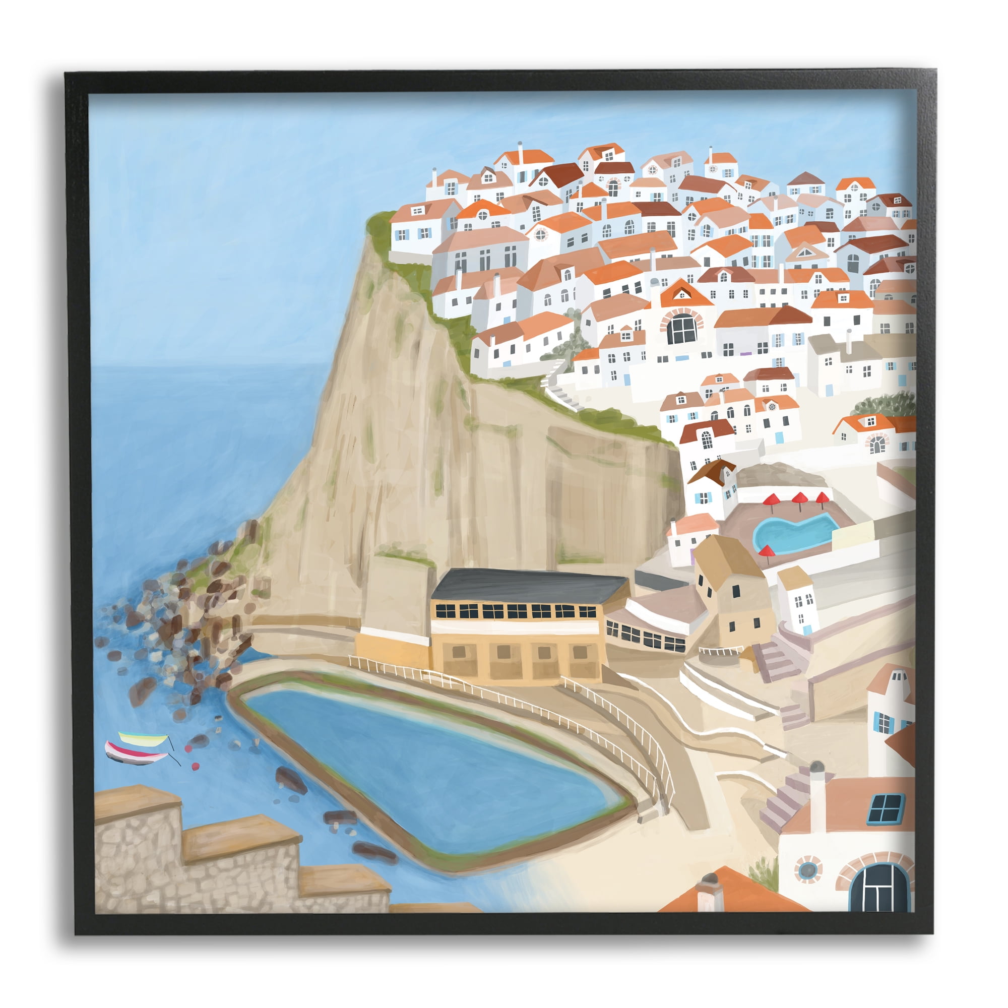 Portugal Coastal City Landscape Illustration in Black Frame, 17x17