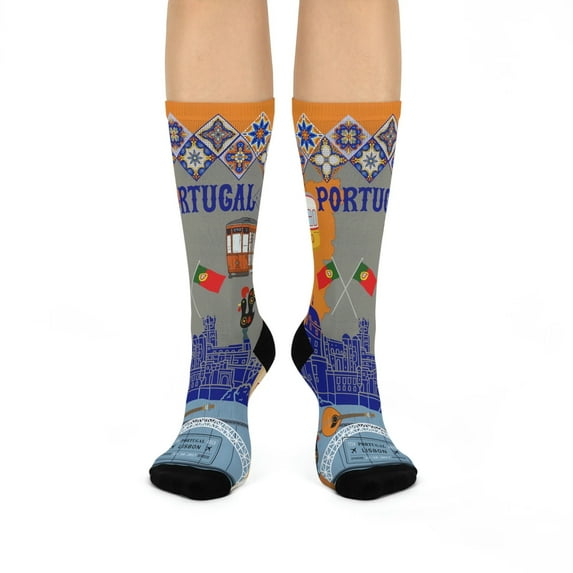 Portugal Socks Unisex Stretchy Crew | Colorful Lisbon Flag Map | 1 Pair, 1 Size
