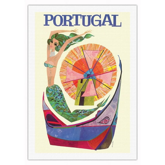 Portugal - Windmill Mother of the Waters (Mae das Aguas) - Vintage Travel Poster by David Klein c.1960s - Fine Art Rolled Canvas Print 27in x 40in