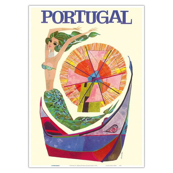 Portugal - Windmill Mother of the Waters (Mae das Aguas) - Vintage Travel Poster by David Klein c.1960s - Master Art Print 10in x 14in