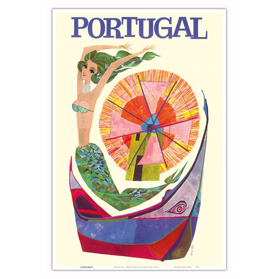 Portugal - Windmill Mother of the Waters (Mae das Aguas) - Vintage Travel Poster by David Klein c.1960s - Master Art Print (Unframed) 12in x 18in