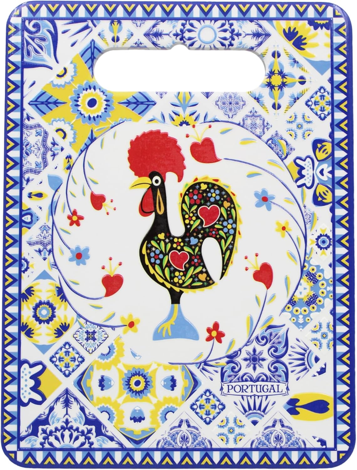 Portuguese Azulejo Blue Tile Ceramic Serving Tray with Rooster Design, Cork-Lined Pot Holder