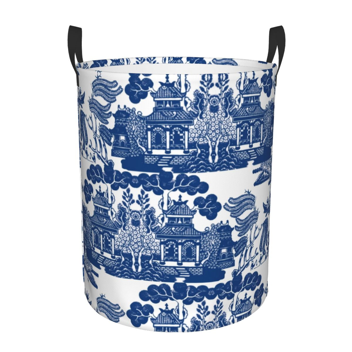 Portuguese Azulejo Tiles Laundry Basket Foldable Large Clothing Storage Bin Blue Delft Porcelain