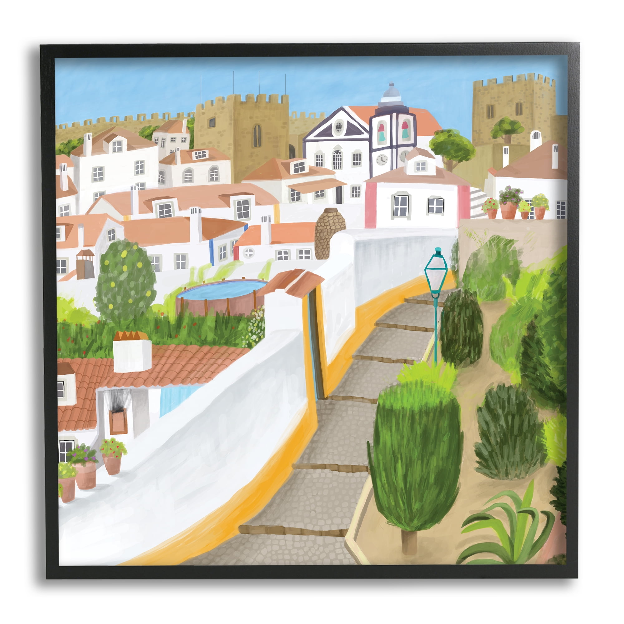 Portuguese Cityscape Traditional Coastal Architecture Illustration Town & City Framed Art Print Wall Art, 17x17