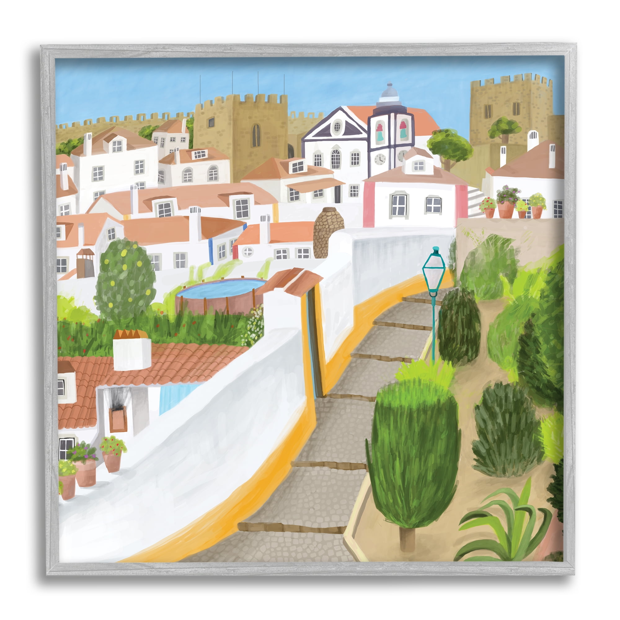 Portuguese Cityscape Traditional Coastal Architecture Illustration Town & City Framed Art Print Wall Art, 17x17