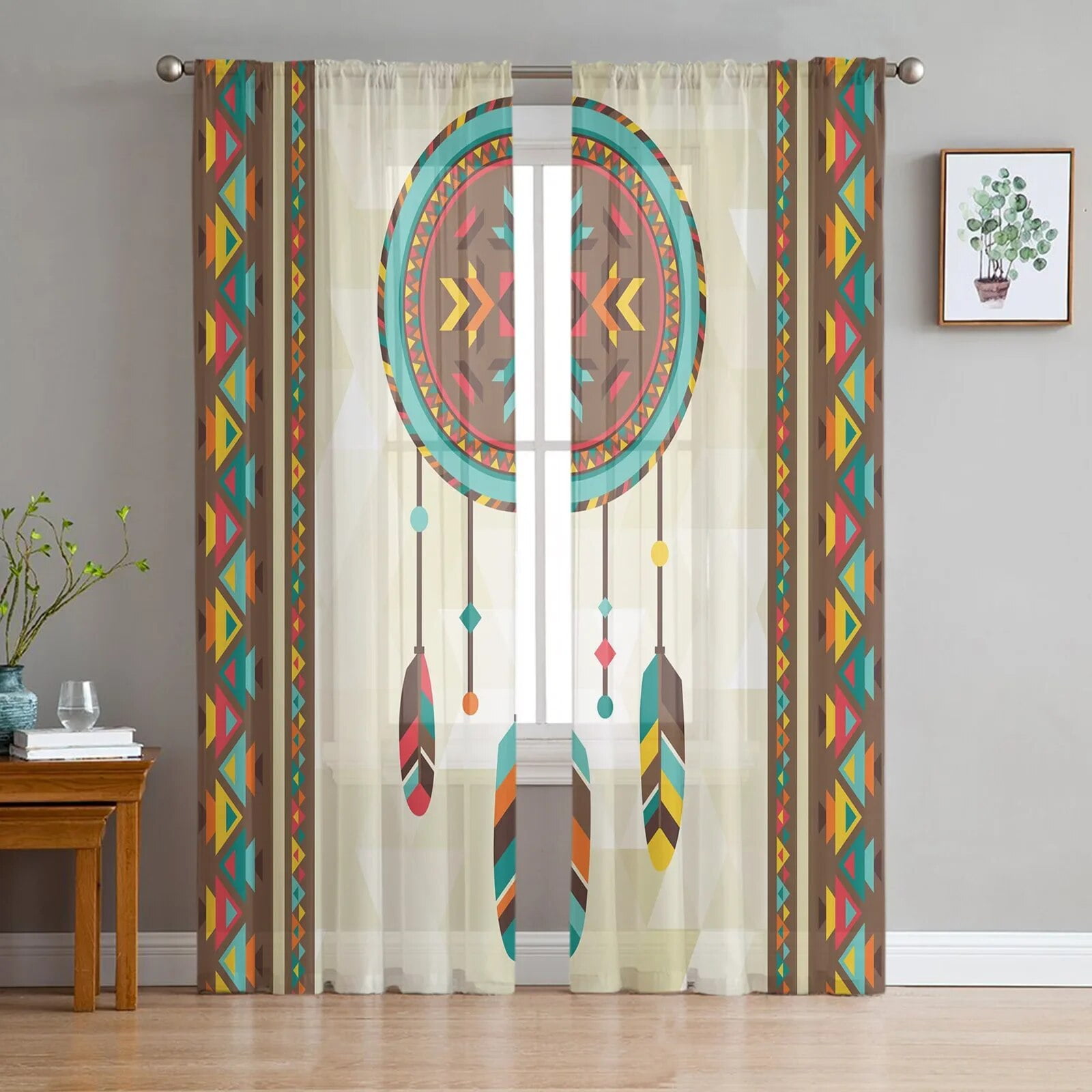 Portuguese Ethnic Flower Ceramic Tile Tulle Sheer Window Curtains for