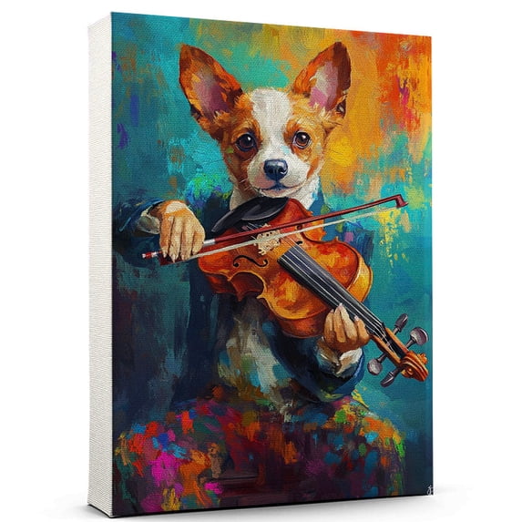 Portuguese Podengo Pequeno Dog Playing Violin Stretched Canvas Size 8x12 – Vintage Style Portuguese Podengo Pequeno Dog Art for Violin Fans, Great Gift for Dog Owners