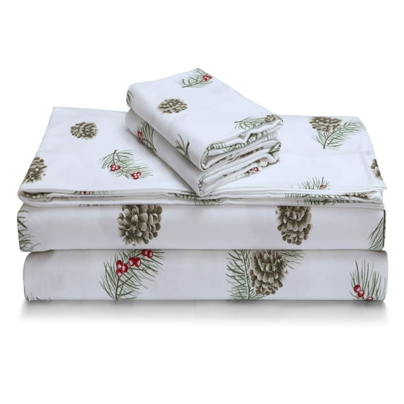 Portuguese Printed Cotton Flannel Extra Deep Pocket Sheet Set King - Pine Cones and Berries