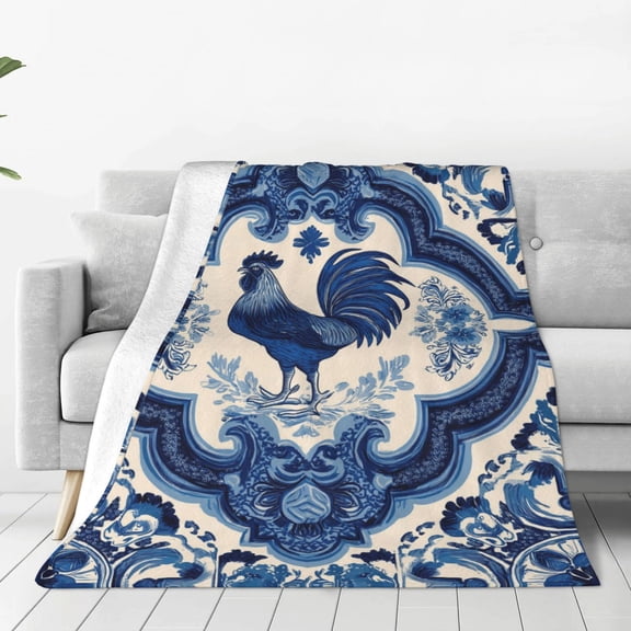 Portuguese Rooster Azulejo Tile Throw Blanket, Blue and White Mediterranean Geometric Pattern for Sofa Bed Couch Decor 50x40