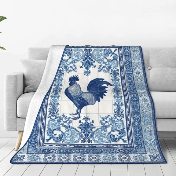 Portuguese Rooster Azulejo Tile Throw Blanket, Blue and White Mediterranean Geometric Pattern for Sofa Bed Couch Decor 50x40