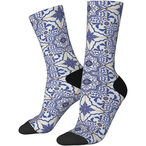 Portuguese Tiles Squares Grid Style Pattern Oriental Motif Novelty Crew Socks for Men & Women