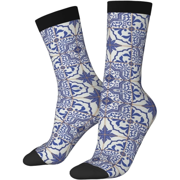 Portuguese Tiles Squares Grid Style Pattern Oriental Motif Novelty Crew Socks for Men & Women