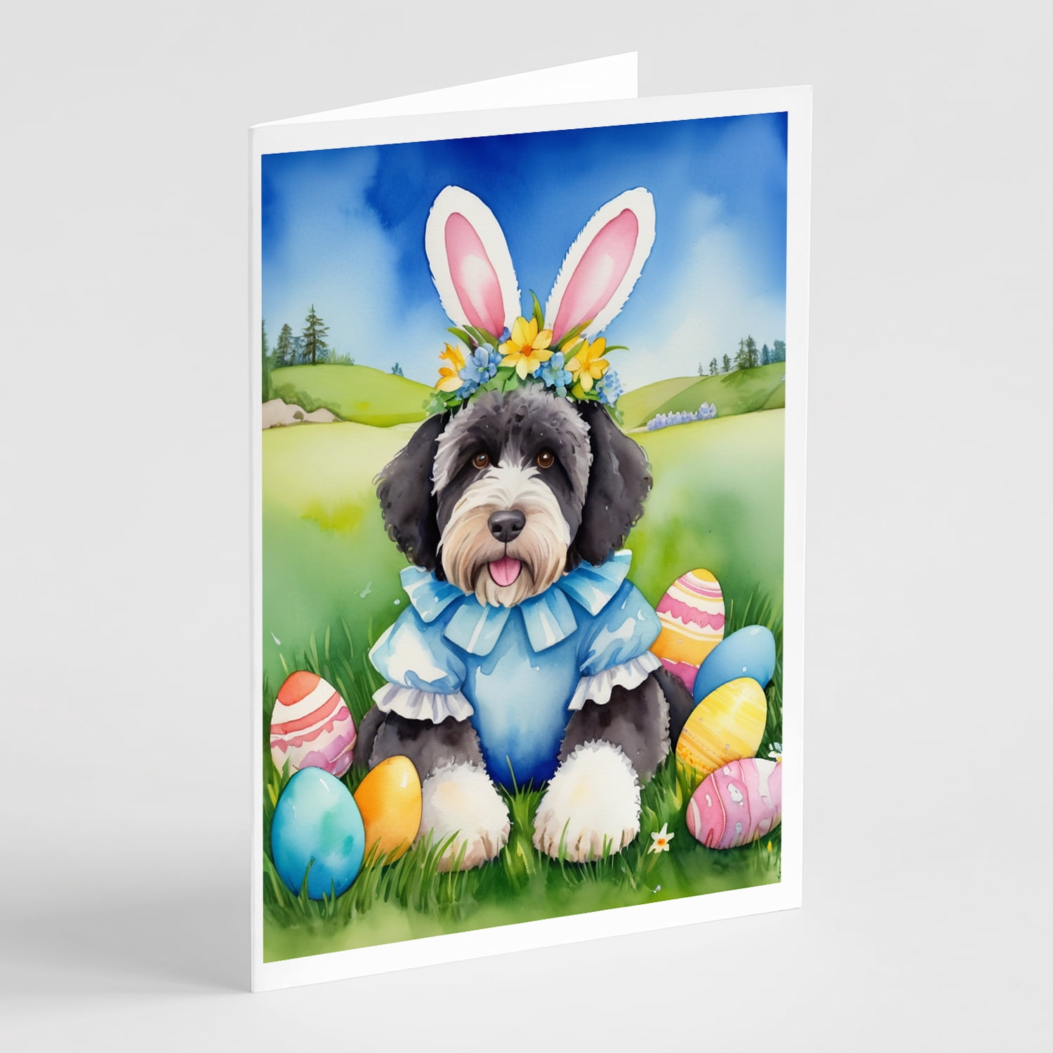 Portuguese Water Dog Easter Egg Hunt Greeting Cards Pack of 8 7 in x 5 in