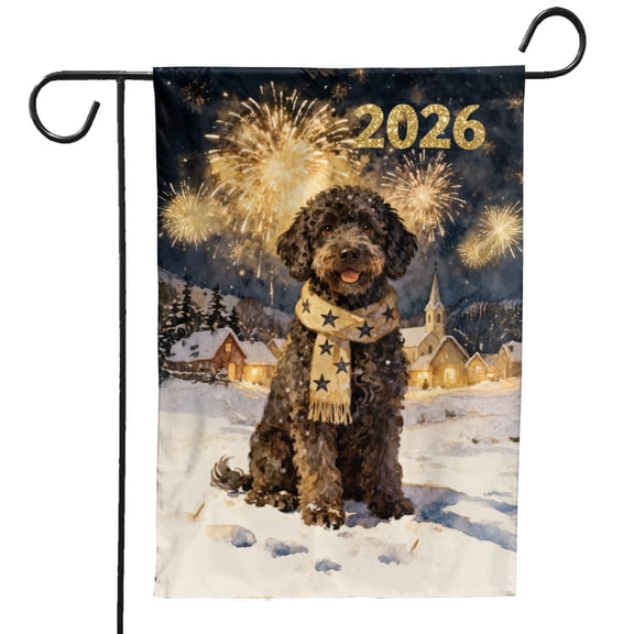 Portuguese Water Dog Happy New Year 2026 with Fireworks on New Year's Eve Garden Flag 12x18in Double Sided PWD Portie Fishing Dog Lover Outdoor Decor - 12022