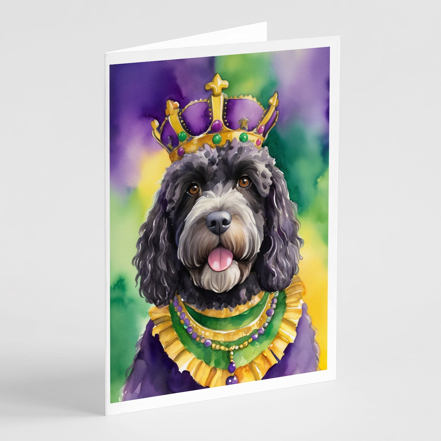 Portuguese Water Dog King of Mardi Gras Greeting Cards Pack of 8 7 in x 5 in