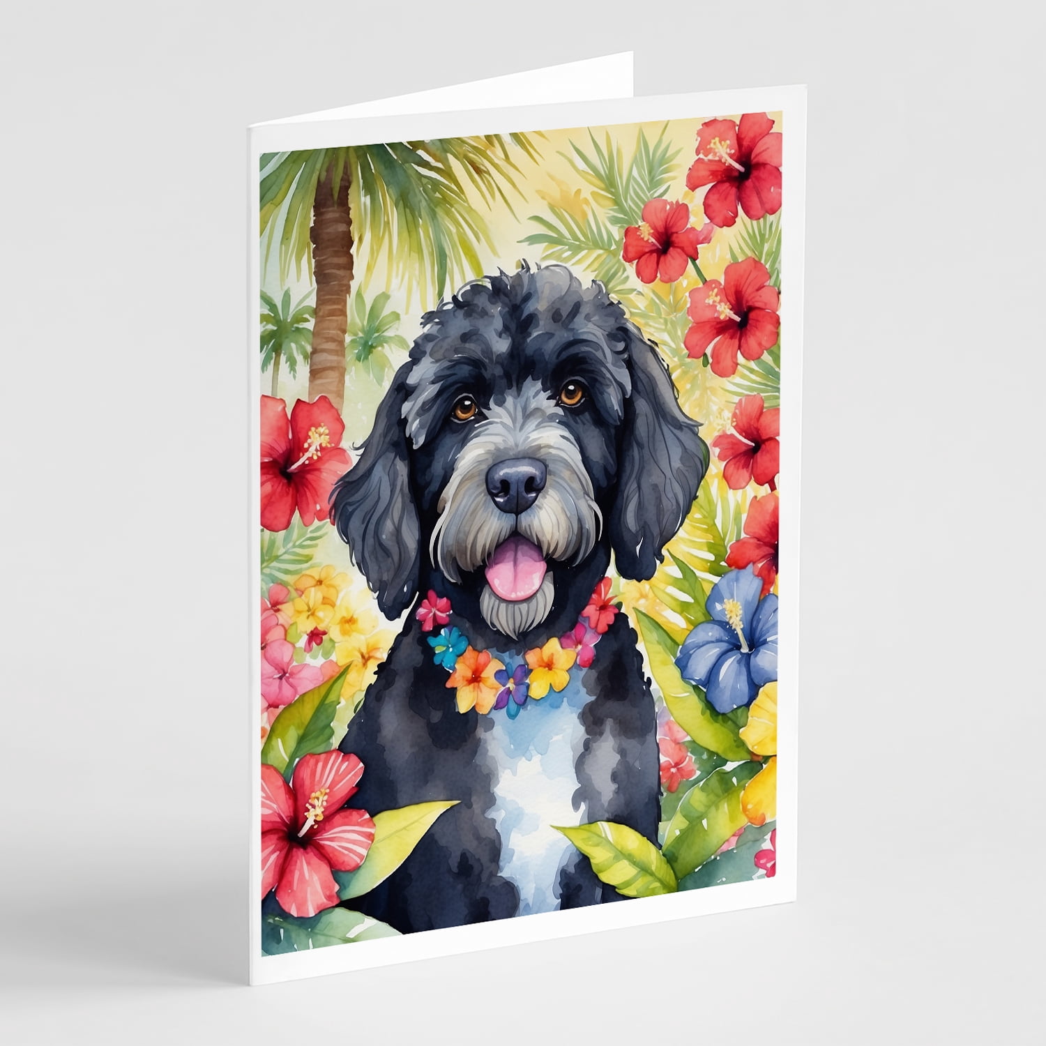Portuguese Water Dog Luau Greeting Cards Pack of 8 7 in x 5 in