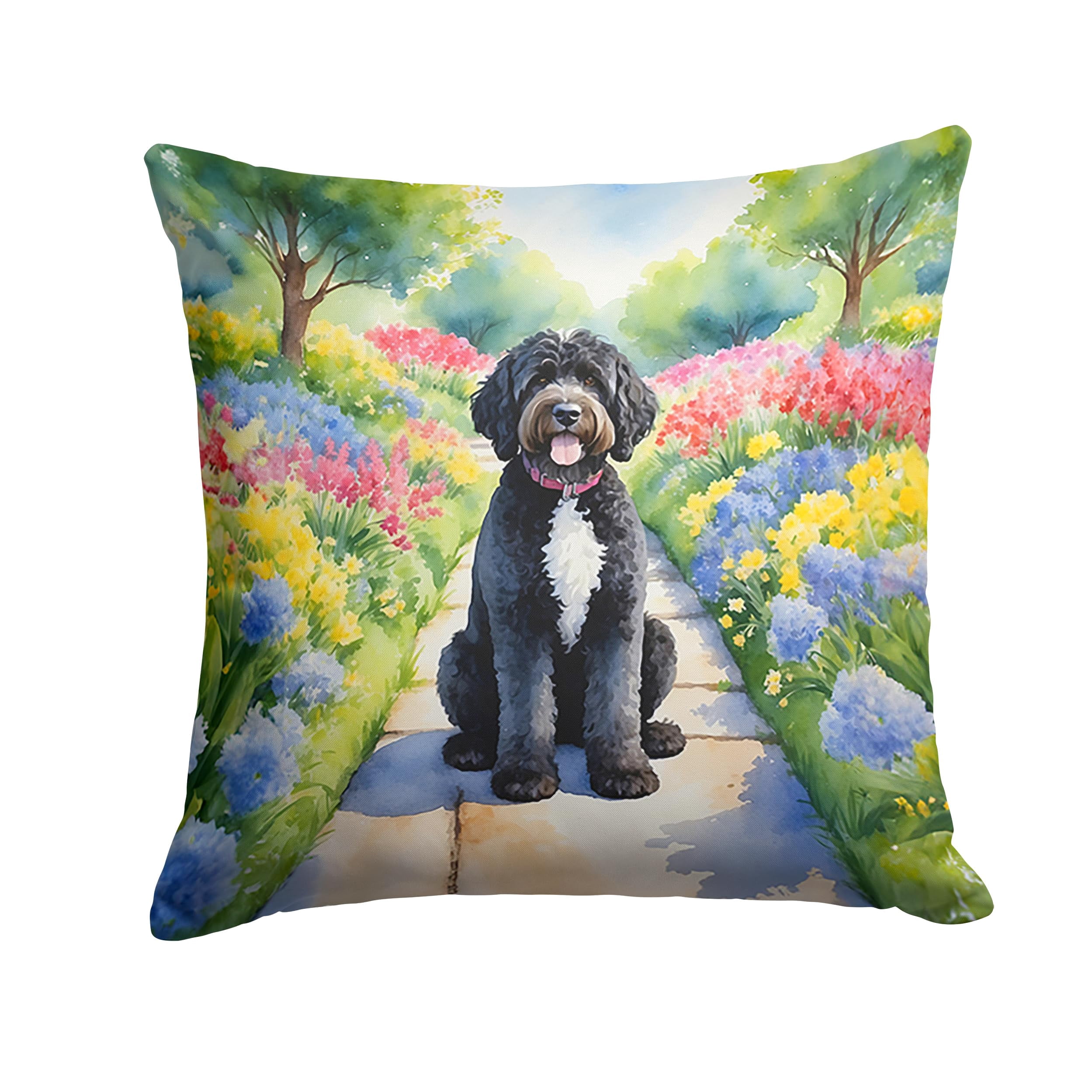 Portuguese Water Dog Spring Path Throw Pillow 18 in x 18 in