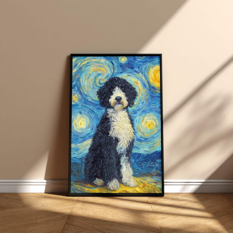Portuguese Water Dog Starry Night Style Painting poster Wall Art Decor 12x18 UNFRAMED
