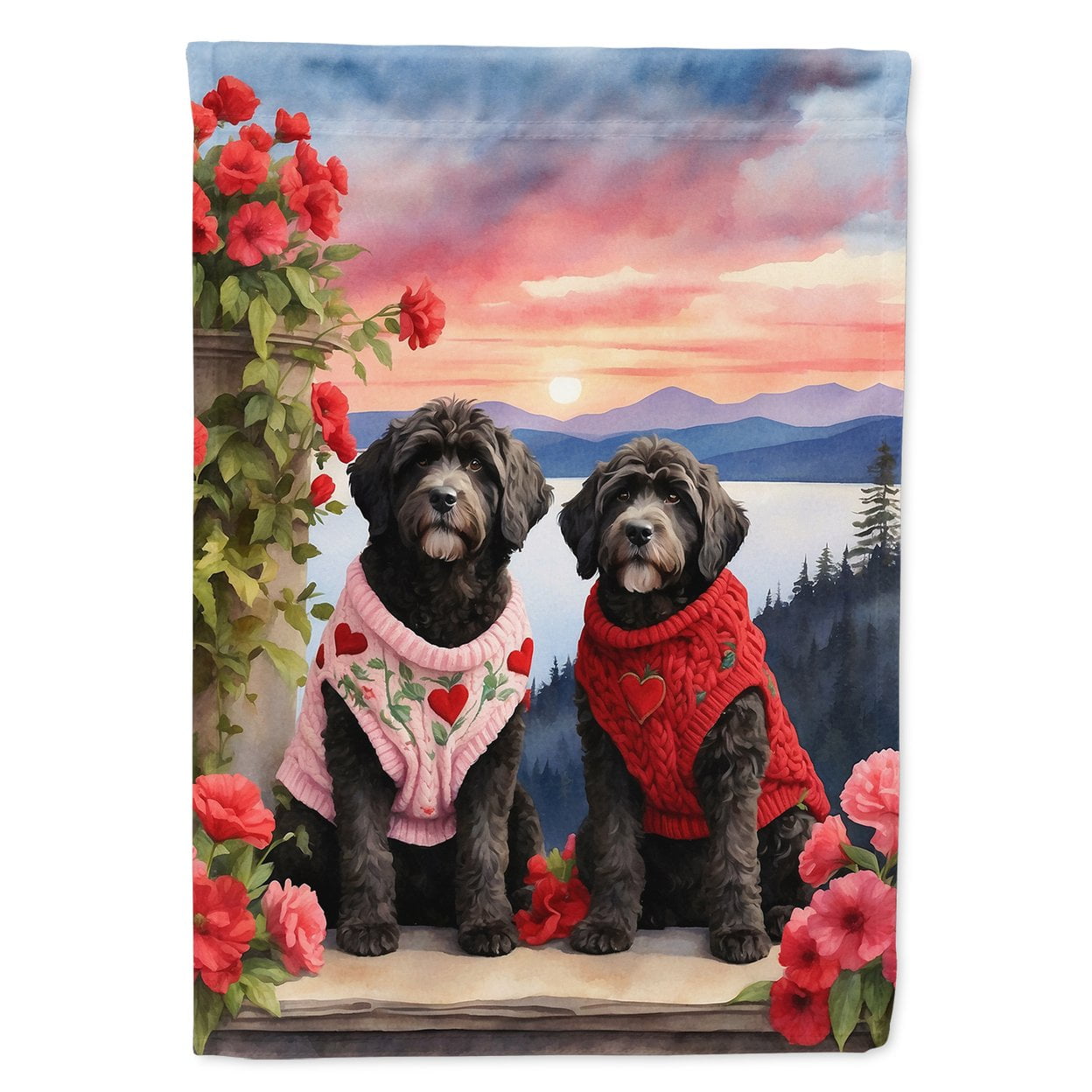 Portuguese Water Dog Two Hearts House Flag 28 in x 40 in