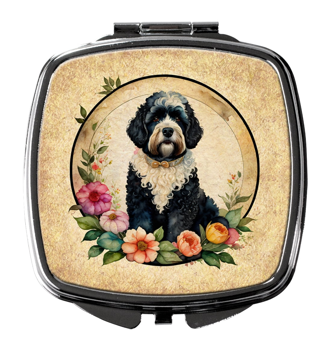 Portuguese Water Dog and Flowers Compact Mirror 2.75 in x 3 in