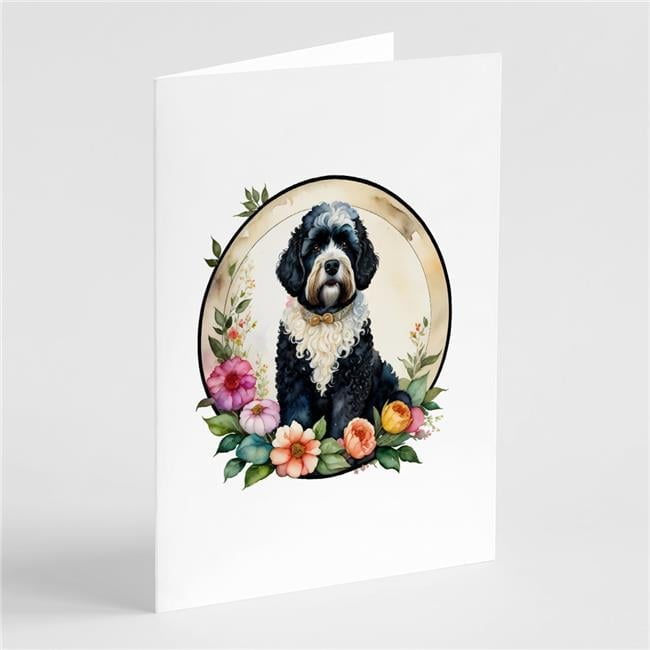 Portuguese Water Dog and Flowers Greeting Cards and Envelopes Pack of 8 7 in x 5 in