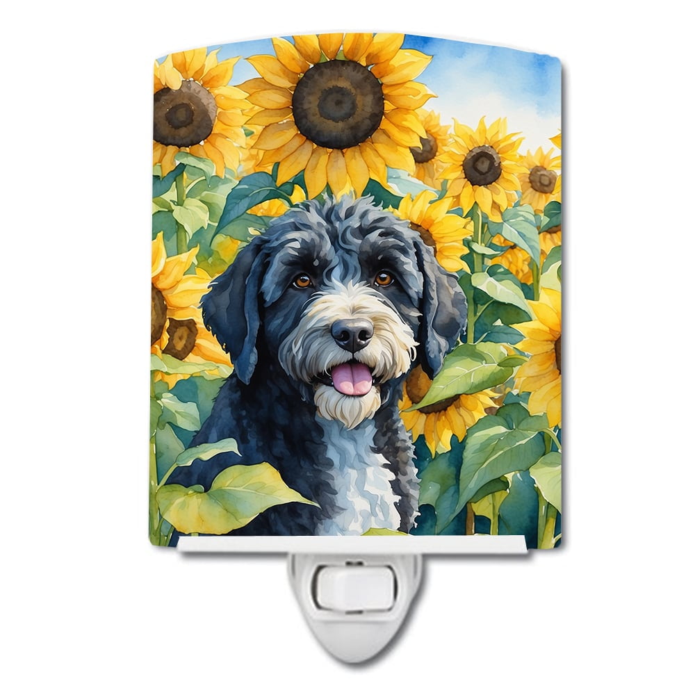 Portuguese Water Dog in Sunflowers Ceramic Night Light 4 in x 6 in