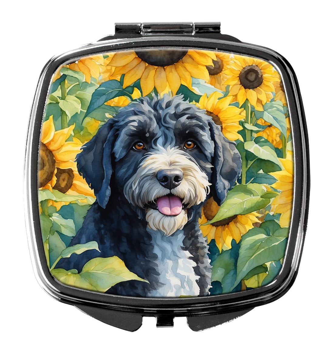 Portuguese Water Dog in Sunflowers Compact Mirror 2.75 in x 3 in