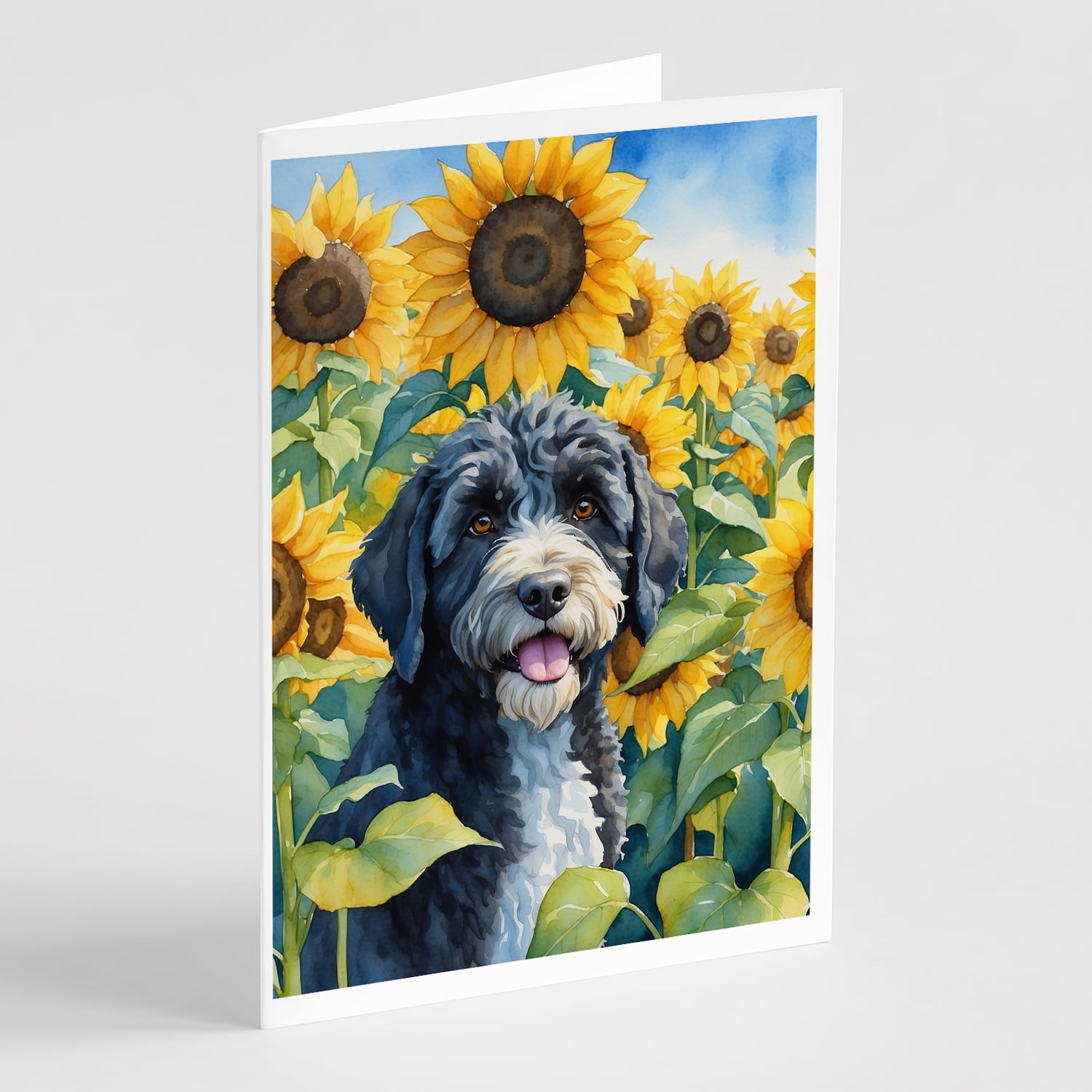 Portuguese Water Dog in Sunflowers Greeting Cards Pack of 8 7 in x 5 in