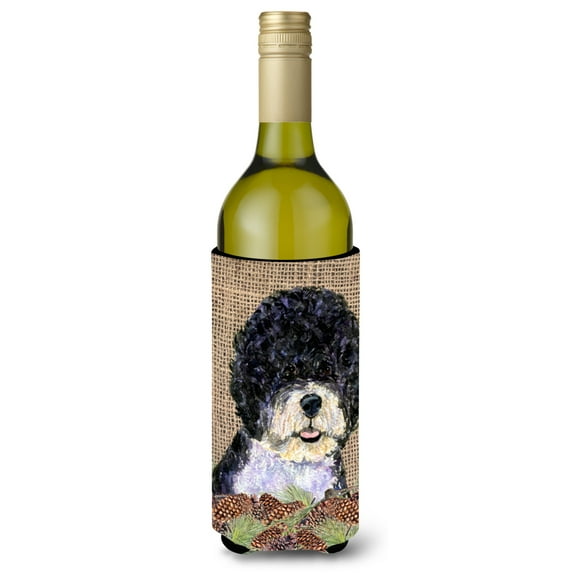 Portuguese Water Dog on Faux Burlap with Pine Cones Wine Bottle Hugger
