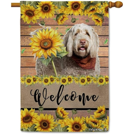 Portuguese Water Sunflower House Flag Dog Welcome Spring Summer Wooden Print Flag Banner Outside Yard Decor 28X40 Inch Double Side Style 2