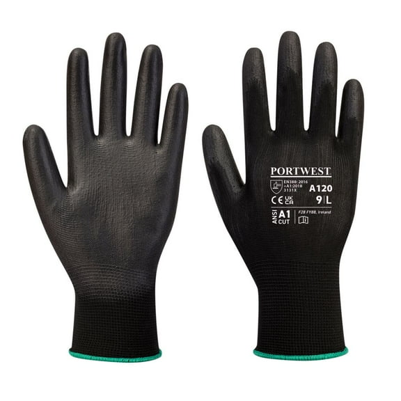 Portwest A120 Work Gloves PU Palm Dipped Abrasion and Tear Resistant Black, X-Large
