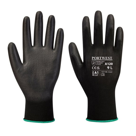 Portwest A120 Work Gloves PU Palm Dipped Abrasion and Tear Resistant Black, XX-Small