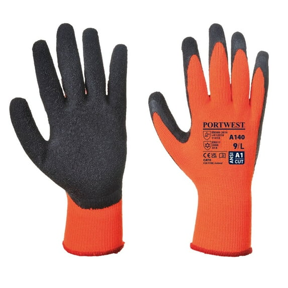 Portwest A140 Thermal Grip Work Gloves Palm Dipped Orange/Black, XX-Large