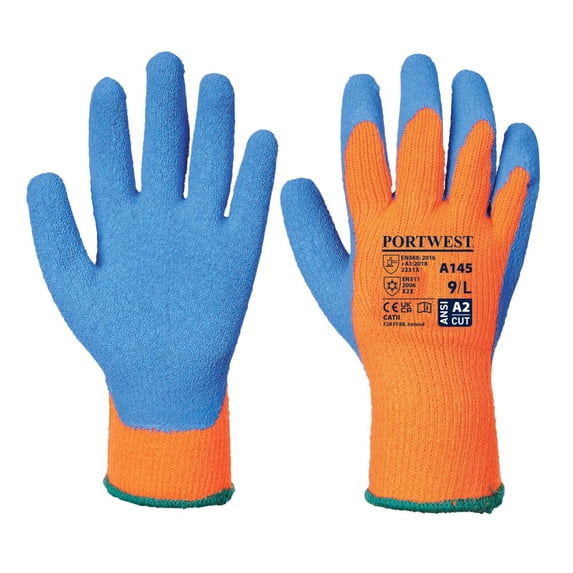Portwest A145 Cold Protection Work Gloves - Palm Dipped Grip Gloves Orange/Blue, Medium