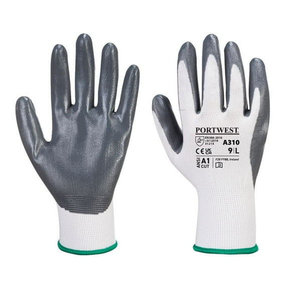 Portwest A310 Nitrile Work Gloves Flexible Grip Gray/White, X-Small