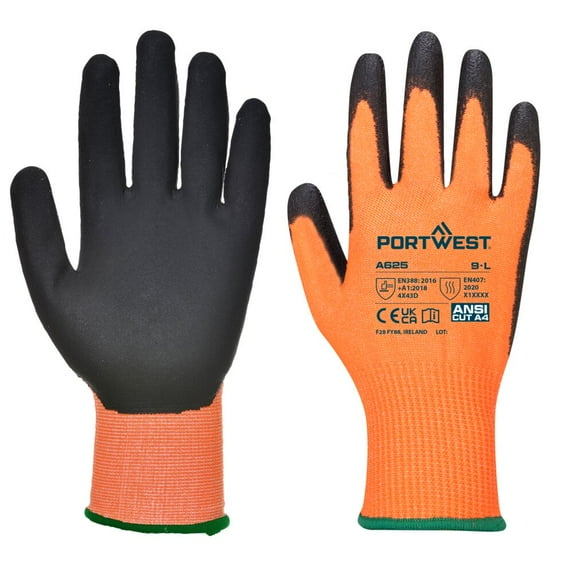 Portwest A625 Vis-Tex Cut Resistant Work Gloves PU Palm Coated Gloves Orange/Black, Medium
