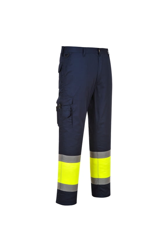 E049 Mens Reflective Two-Tone Hi-Vis Cargo Work Pants Yellow/Navy, 2X-Large