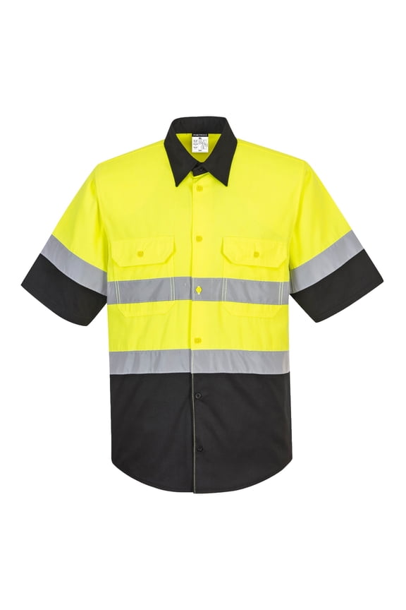 E067 Mens Reflective Two-Tone Hi-Vis Short Sleeve Work Shirt Yellow/Black, 3X-Large