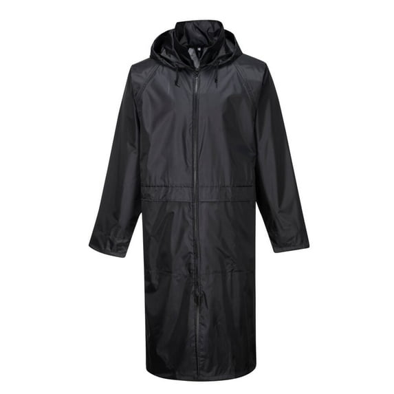 Portwest S438 Men's Waterproof Raincoat - Lightweight Long Rain Jacket with Hood and Pockets Black, X-Large