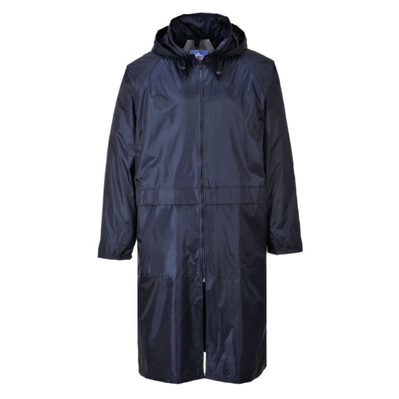 Portwest S438 Men's Waterproof Raincoat - Lightweight Long Rain Jacket with Hood and Pockets Navy, X-Large