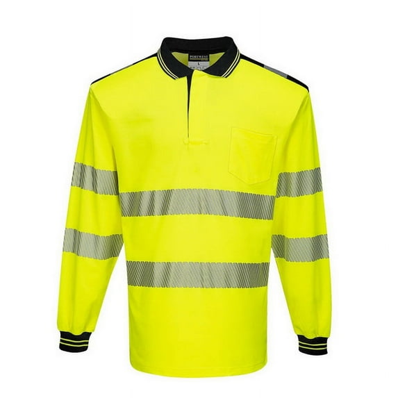 Portwest T184 PW3 Hi-Vis Long Sleeve Polo Safety Shirt Yellow/Black, Medium