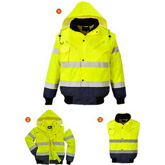 Portwest UC465 Hi-Vis Contrast All-Weather Bomber Jacket Yellow/Navy, Medium