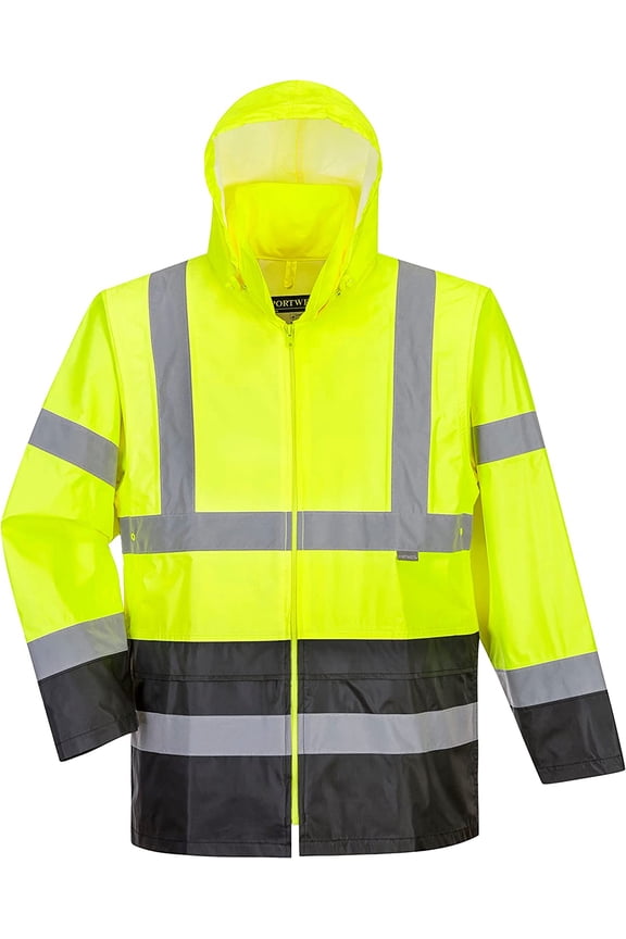 UH443 Men's Lightweight Hi Vis Contrast Reflective Classic Rain Jacket Yellow/Black, Small
