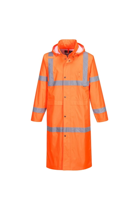 UH445 Men's Waterproof Hi Vis Raincoat - Reflective Lightweight Long Rain Jacket with Hood Safety Workwear ANSI Class 3 Orange, 3X-Large