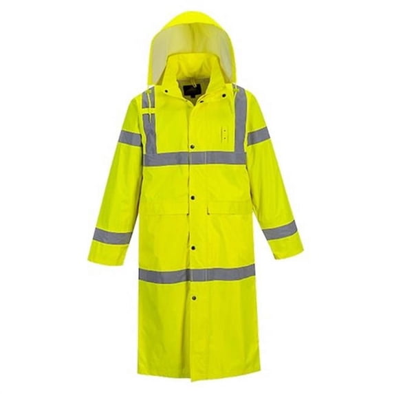 Portwest UH445 Men's Waterproof Hi Vis Raincoat - Reflective Lightweight Long Rain Jacket with Hood Safety Workwear ANSI Class 3 Yellow, Large