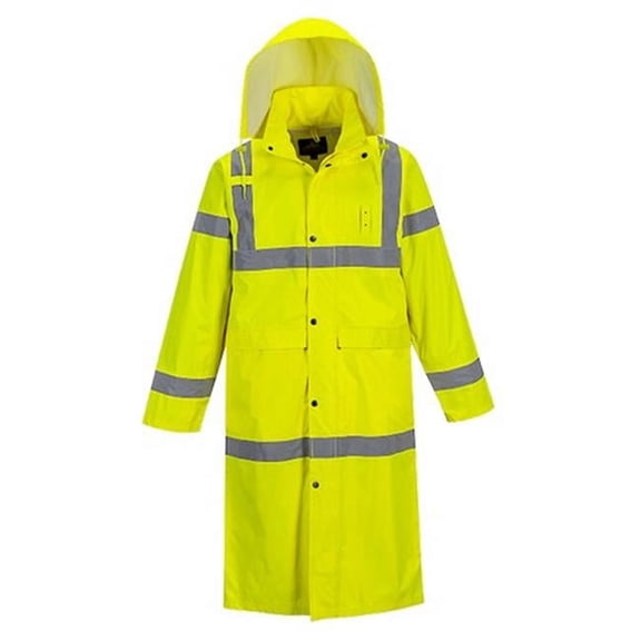 Portwest UH445 Men's Waterproof Hi Vis Raincoat - Reflective Lightweight Long Rain Jacket with Hood Safety Workwear ANSI Class 3 Yellow, -X-Small